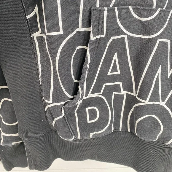 Champion Reverse Weave Hoodie Mens Medium Black All Over Pullover Sweatshirt - Picture 4 of 12